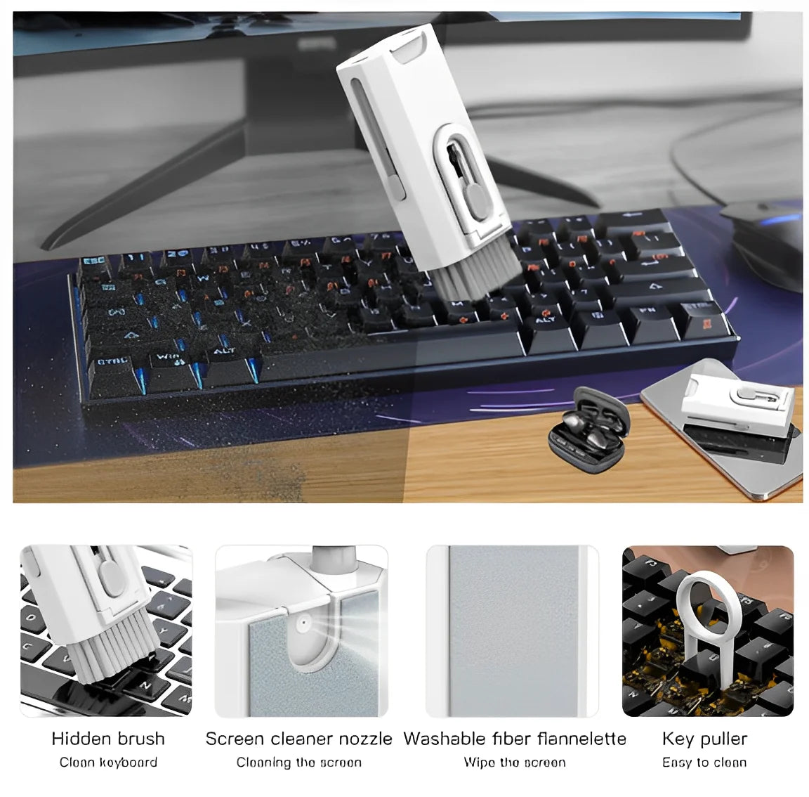 Kit de Limpeza Portátil 8 em 1 – Teclado, Fones, Computador e Acessórios
